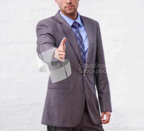 Image of Business man, handshake and introduction for interview, agreement or welcome to deal, success and thank you. Professional or corporate person shaking hands for partnership on a white wall background