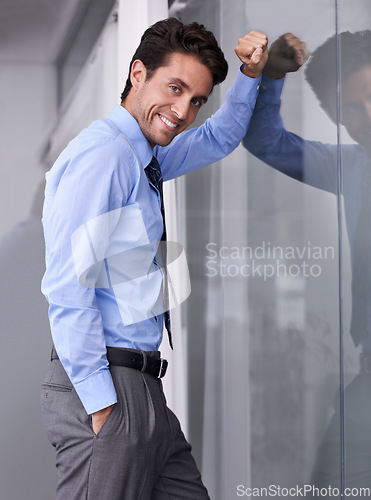 Image of Window, confidence and portrait of businessman in workplace with smile, pride and ambition. Corporate entrepreneur, professional manager and happy worker for career, job and working in modern office