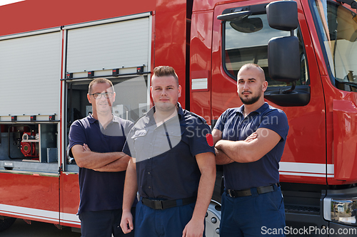 Image of A skilled and dedicated professional firefighting team proudly poses in front of their state of the art firetruck, showcasing their modern equipment and commitment to ensuring public safety.