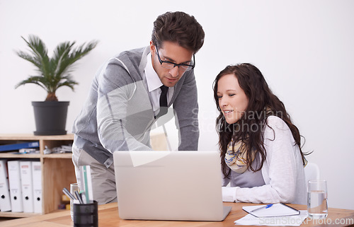 Image of Business people, planning and teamwork on computer for copywriting advice, feedback and online collaboration. Happy professional woman, man or writer and editor on laptop, editing newsletter or email