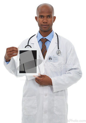 Image of Doctor, portrait and screen of tablet in studio for advertising medical information, newsletter and telehealth app on white background. Black man, healthcare worker and presentation of digital space