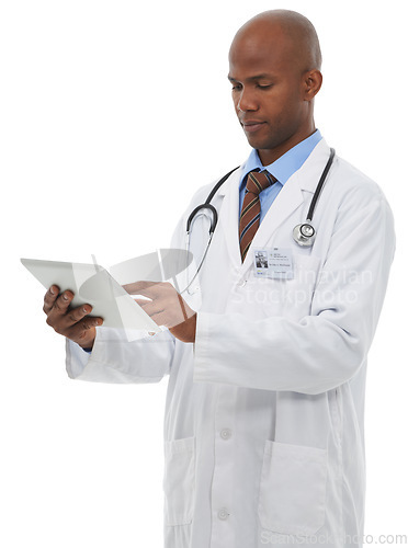 Image of Doctor, black man and tablet in studio for healthcare, clinical software and research on white background. Surgeon, medical worker and scroll on digital technology for information, app and telehealth