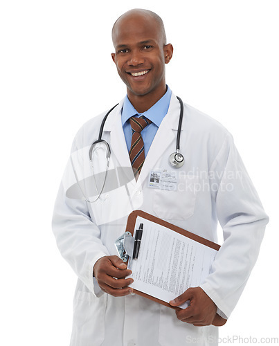 Image of Black man, portrait and doctor with clipboard in studio, planning notes and healthcare information on white background. Happy medical worker with paperwork for insurance checklist, medicine or script