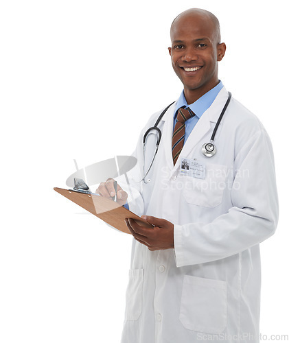 Image of Black man, portrait or doctor writing on clipboard in studio, planning notes or healthcare information on white background. Happy medical worker, paperwork or insurance documents, checklist or script