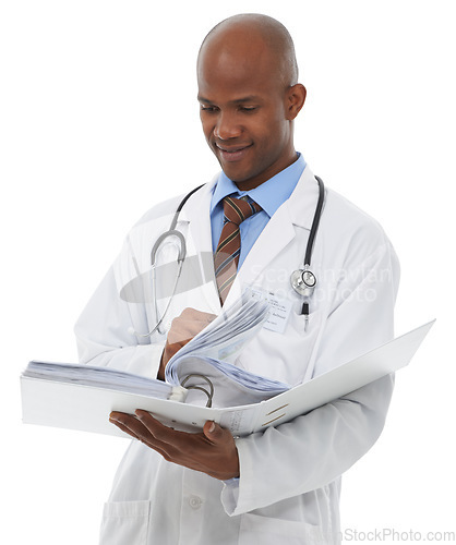 Image of Studio, black man and doctor reading paperwork of medical records, medicine report or research data. Hospital documents, healthcare information or cardiologist with archive folder on white background