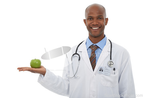 Image of Doctor, palm and portrait of black man with apple for weight loss diet, nutrition or antioxidants benefits. Studio, healthy food and African healthcare worker with fresh fruits on white background