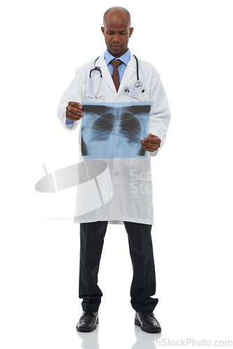 Image of Surgeon, black man and check xray scan for lung cancer evaluation, clinic research or medical investigation. Healthcare studio, MRI and African doctor analysis of anatomy isolated on white background