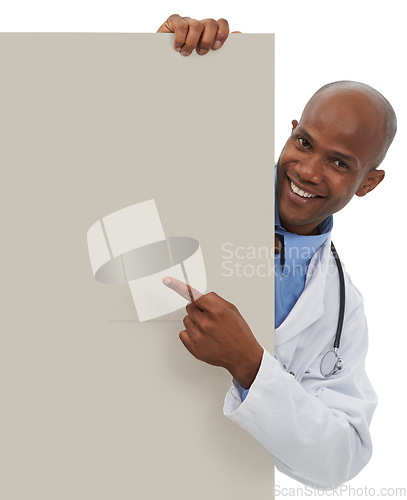 Image of Happy doctor, portrait and black man point at poster, hospital promo or medicine announcement. Mockup studio space, advertising banner and African surgeon with healthcare sign on white background