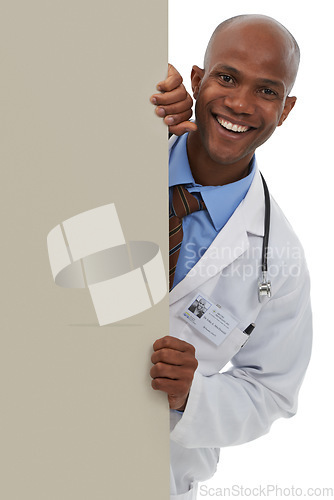 Image of Billboard, black man and portrait of doctor smile for commercial, hospital promo or medicine coming soon. Mockup studio space, happiness and African surgeon with medical discount on white background