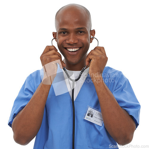 Image of Stethoscope, black man and studio portrait of happy doctor for heartbeat, breathing or healthcare test. Health, medical surgeon and cardiology tools for cardiovascular assessment on white background