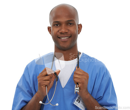 Image of Stethoscope, black man and studio portrait of doctor for heartbeat, breathing or health assessment. Healthcare exam, medical equipment and African surgeon with cardiology tools on white background