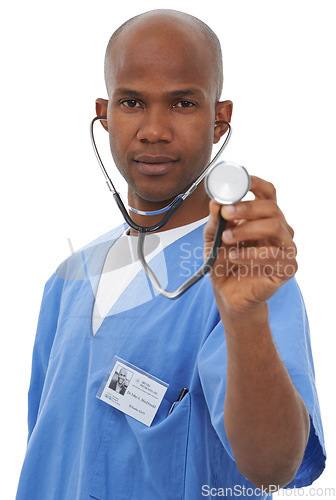 Image of Stethoscope, black man and studio portrait of surgeon for heartbeat, breathing or doctor service assessment. Healthcare, medical equipment and cardiologist with cardiology tools on white background