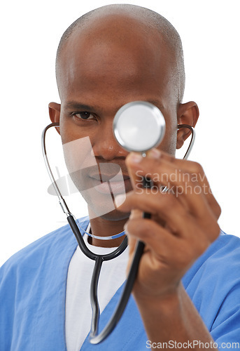 Image of Stethoscope, black man and portrait of surgeon serious for heartbeat, breathing or doctor service assessment. Studio face, cardiology tools and nurse for cardiovascular evaluation on white background