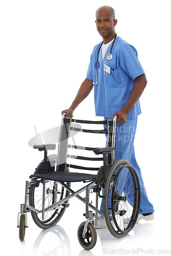 Image of Portrait, healthcare and doctor with a wheelchair, man and employee isolated on white studio background. African person, worker or physician with medical equipment, surgeon or happy with professional