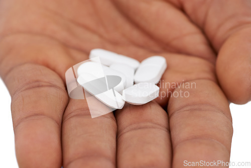 Image of Hand, pills and medication for sickness, virus and disease with drugs, medicine or vitamins. Patient, pharmaceutical and healthcare for treatment, medical and tablets for closeup or prescription