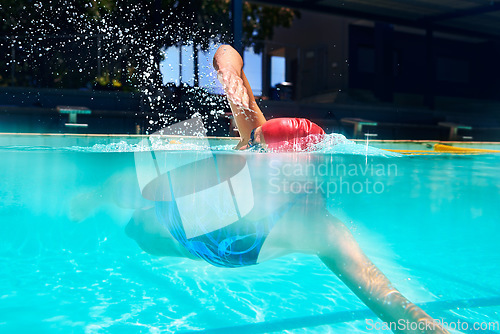 Image of Sports, water splash or woman in swimming pool for workout, competition training or energy in gala. Fitness, female swimmer and fast athlete diving for cardio exercise, championship and race practice