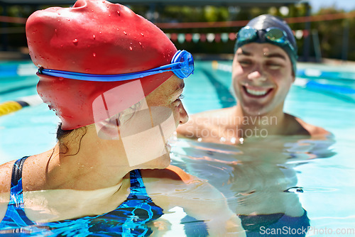 Image of Laughing, relax or happy couple in swimming pool for sports training, workout or teamwork for fitness. Cardio, swimmers or athletes in exercise for support, health or wellness with smile in water