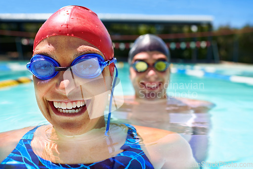 Image of Goggles, portrait or happy couple in swimming pool for sports training, workout or teamwork for fitness. Face, swimmers or athletes in exercise for support, health or wellness with smile in water