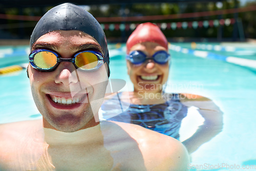Image of Friends, portrait or people in swimming pool for sports training, workout or teamwork for fitness. Happy, swimmers or athletes in exercise together for development, health or wellness with smile