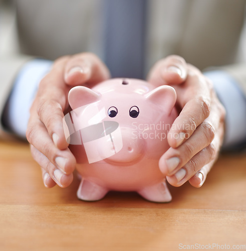 Image of Business hands, piggy bank and savings for financial investment, budget management or income growth. Professional person with security safe, banking and container for profit, increase and finance