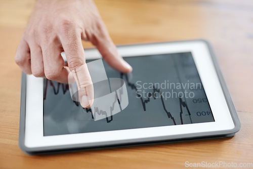 Image of Business hands, tablet screen and data analytics, statistics or graphs for financial report, increase in revenue or profit. Trader or person with online investment, digital stock market and trading