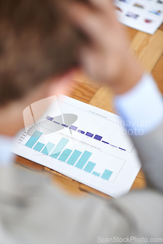 Image of Business person, stress with documents and data analysis, graphs or charts for financial debt or mistake. Accountant, auditor or trader confused for statistics, sales or stock market crash or fail