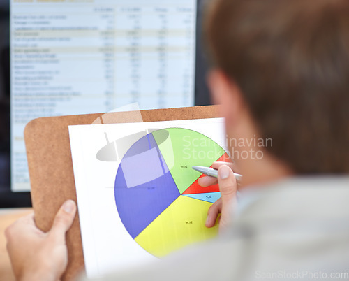 Image of Business person, pie chart documents and finance, data analysis or accounting management for revenue or budget. Accountant or auditor with clipboard, paperwork and inspection of profit or statistics