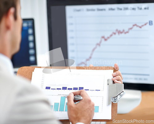 Image of Business person, documents and statistics on computer screen for data analysis, financial report and revenue review. Accountant or auditor with clipboard for graphs, charts and increase of profit