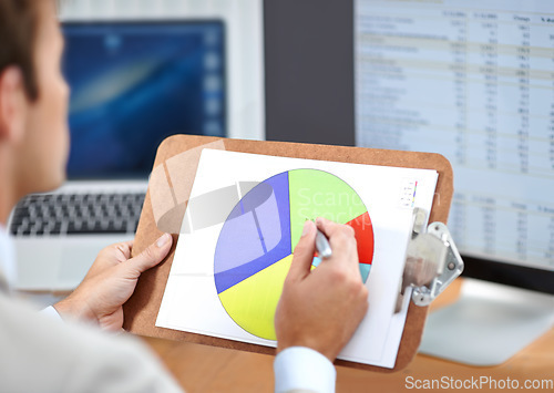 Image of Business man, pie chart and statistics for finance, data analysis and accounting management, planning revenue or budget. Corporate accountant or auditor on clipboard, computer screen and inspection