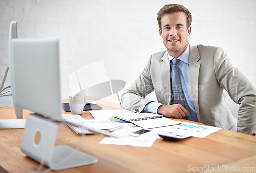 Image of Business man, accountant portrait and documents, calculator and paperwork for planning at office desk. Professional auditor or happy corporate worker with statistics for accounting data or budget