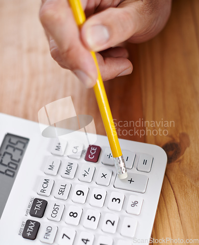 Image of Accountant, hands and top view of calculator on table for asset management, financial planning or investment. Auditor, above and closeup of working at desk with pencil for tax, income and business