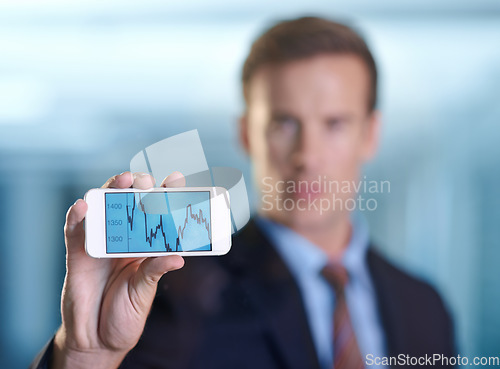 Image of Business man, phone screen and graphs, data analytics or stats for financial report, revenue or stock market. Hand of corporate accountant or trader with mobile app for trading, pattern and sales