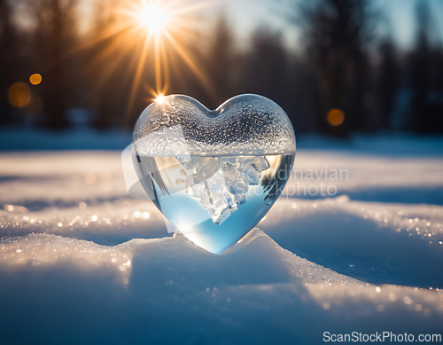 Image of Ice heart melting in the sunlight, transparent heart filled with