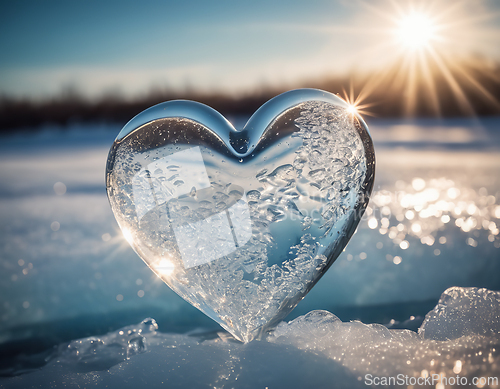 Image of Piece of ice in the shape of a heart illuminated by rays of sunl