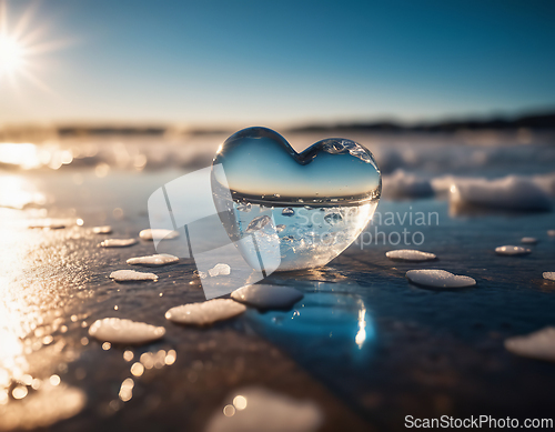 Image of Beautiful ice heart in the snow melting in the sunlight on a win