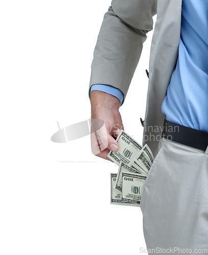 Image of Corporate hands, money and pocket for payment, trade or bribe with investment deal in studio. Business person with financial crime with profit, bonus or cash offer for secret on a white background