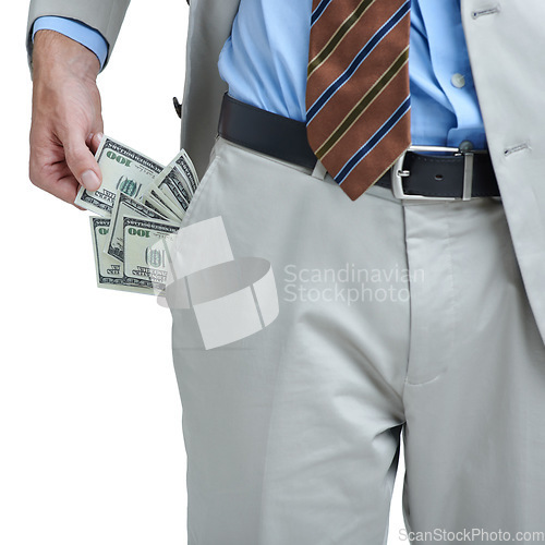 Image of Business hands, money and pocket for payment, trade or bribe with investment deal in studio. Corporate person with financial crime, scam or corruption and cash offer for secret on a white background