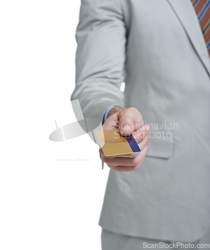 Image of Business hands, credit card and studio for payment, fintech and professional investment, shopping or commerce. Corporate worker or person with banking, financial offer or wealth on a white background