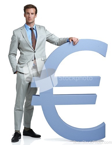 Image of Portrait, Euro currency icon and man with investment, finance or investor isolated on white studio background. Person, employee or model with accountant, trader or stock market with economy or symbol