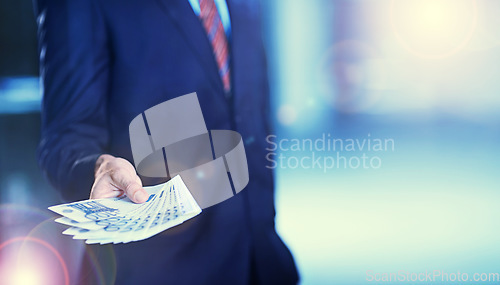 Image of Hands, money and business man with euros, lens flare and mockup space background. Closeup, cash and rich professional in suit giving wealth profit, financial investment and payment of income savings