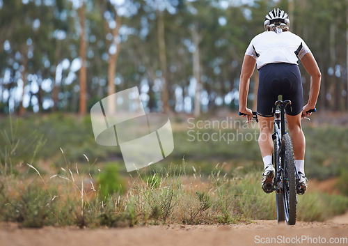 Image of Person, mountain bike and forest fitness for sports training in countryside for adventure, performance or workout. Cyclist, transportation and off road terrain for challenge, competition or back view