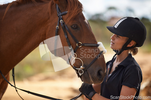 Image of Woman, care and horse in nature with vacation, bonding and relax on farm, ranch and countryside. Animal, pet and person feeling stallion for freedom, adventure and training with peace and calming