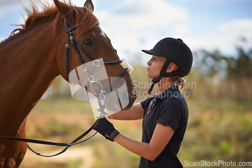 Image of Woman, care and horse in nature with adventure for bonding, summer and relax on farm, ranch and countryside. Animal, pet and person feeling stallion for freedom, equestrian and vacation with peace