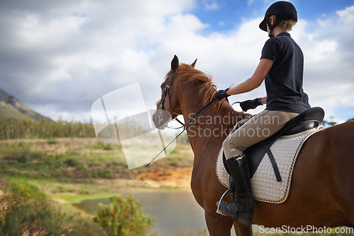 Image of Equestrian, horse and woman riding in nature on adventure and journey in countryside. Ranch, animal and rider outdoor with hobby, sport or walking a pet on farm with girl in summer at river in woods