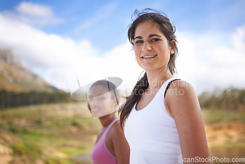 Image of Woman, friends and portrait in nature hiking for adventure workout, explore or fitness. Female people, face and forest for outdoor physical activity in countryside for trail running, cardio or fit