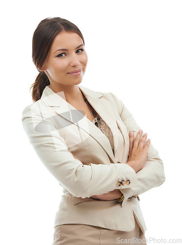 Image of Business, crossed arms and portrait of woman in studio with pride, confidence and ambition. Professional, corporate manager and isolated worker for career, job and opportunity on white background