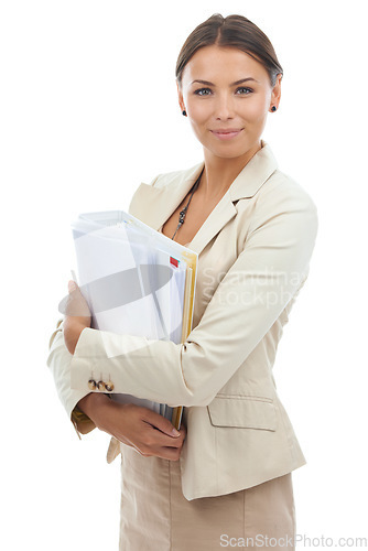 Image of Woman, portrait and business paperwork for professional planning research, project or administration. Female person, face and document file in studio white background for management, notes or mockup