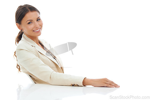 Image of Businesswoman, portrait and smile for corporate confidence as marketing manager in studio, white background or mockup. Female person, face and advertising consultant worker for pride, job or career