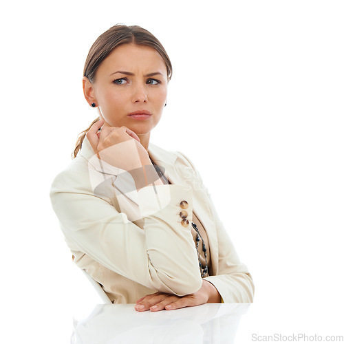 Image of Businesswoman, thinking and problem solving or solution in studio, white background or mockup. Female person, thoughts and concern for company decision or confused idea, corporate or brainstorming