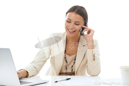 Image of Businesswoman, phone call and laptop conversation at desk in studio for networking, mockup space or white background. Female person, digital device and talking as corporate manger, internet or chat